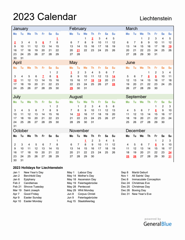 Calendar 2023 with Liechtenstein Holidays