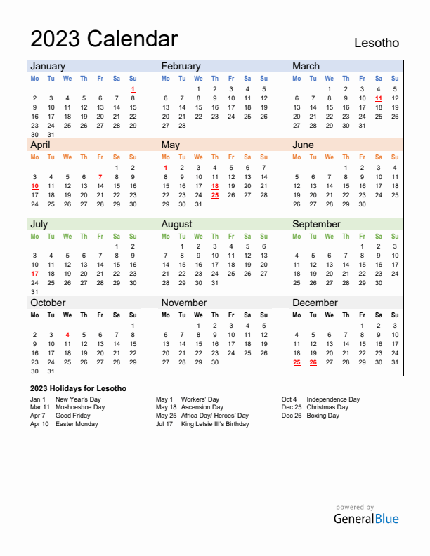 Calendar 2023 with Lesotho Holidays