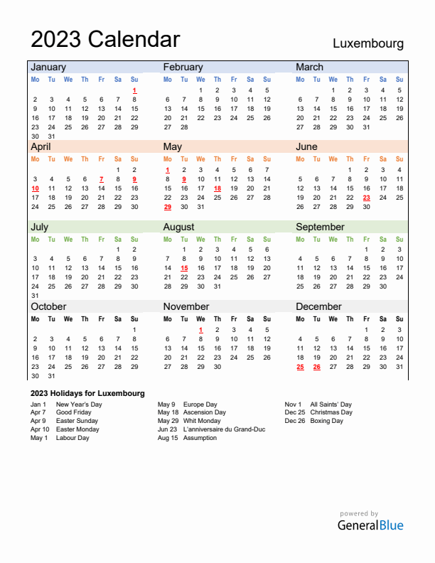 Calendar 2023 with Luxembourg Holidays