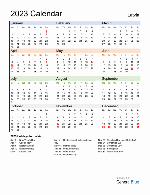 Calendar 2023 with Latvia Holidays