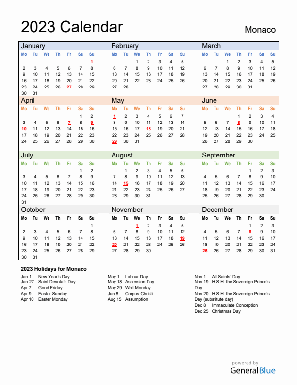 Calendar 2023 with Monaco Holidays
