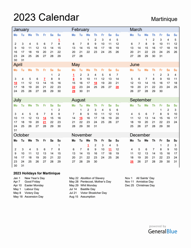 Calendar 2023 with Martinique Holidays