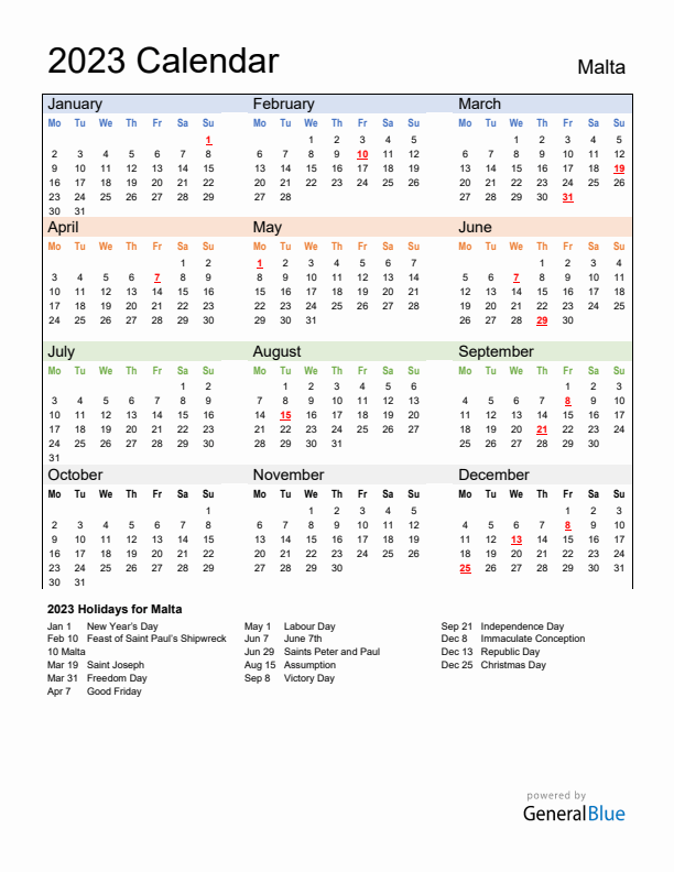 Calendar 2023 with Malta Holidays