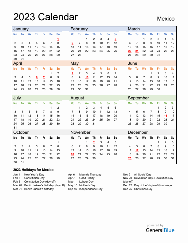 Calendar 2023 with Mexico Holidays