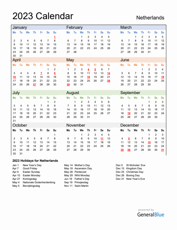 2023 Calendar Multi Colored With Holidays Portrait Monday Start En Nl 612x792 