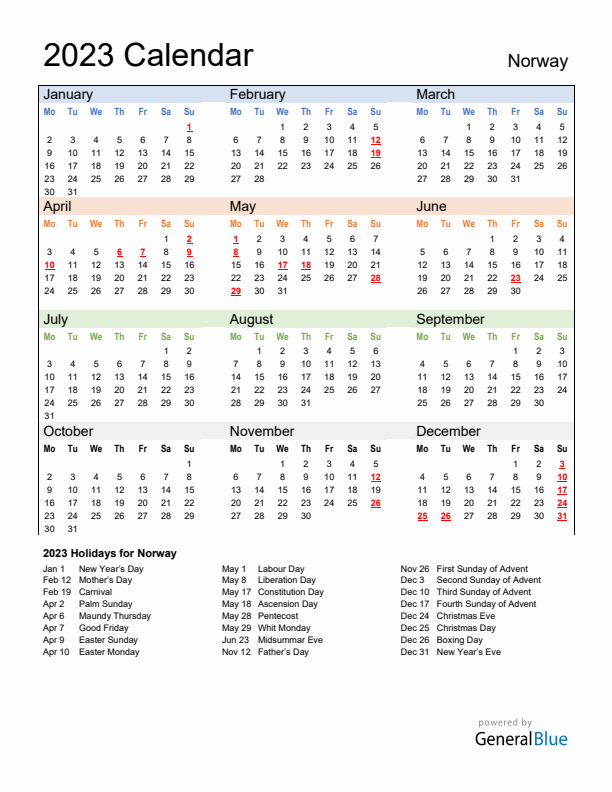 Calendar 2023 with Norway Holidays
