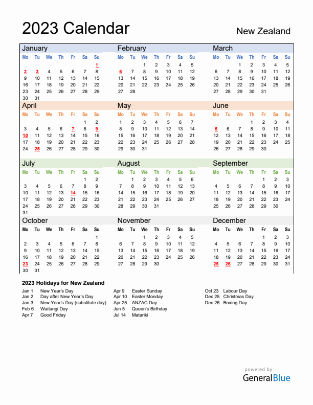 2023 New Zealand Calendar With Holidays 7537