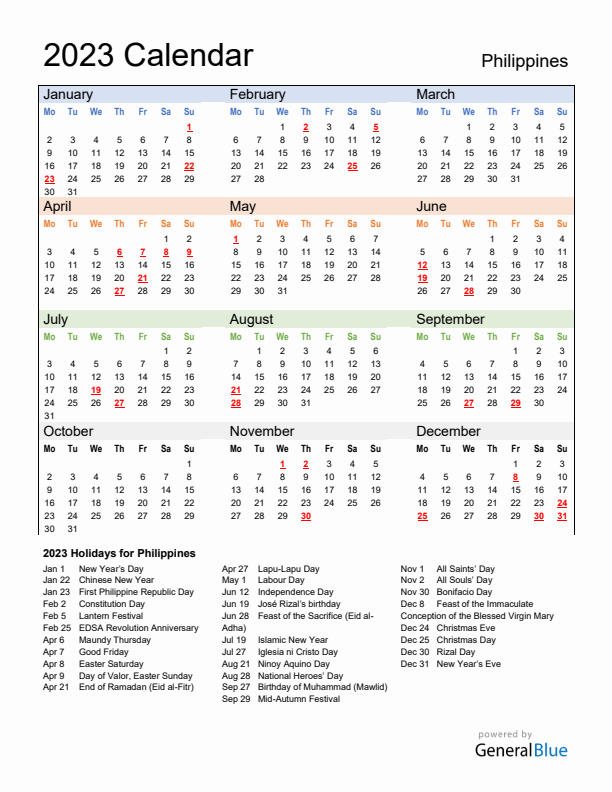 Annual Calendar 2023 with Philippines Holidays