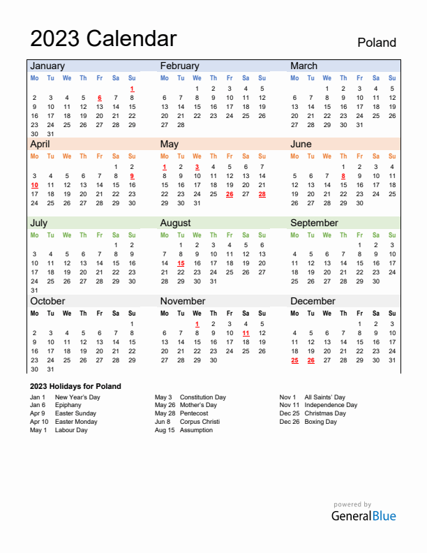 Calendar 2023 with Poland Holidays