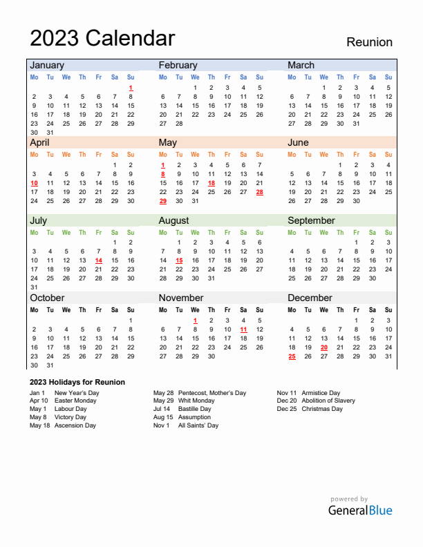 Calendar 2023 with Reunion Holidays