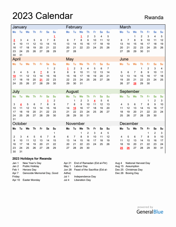 Calendar 2023 with Rwanda Holidays