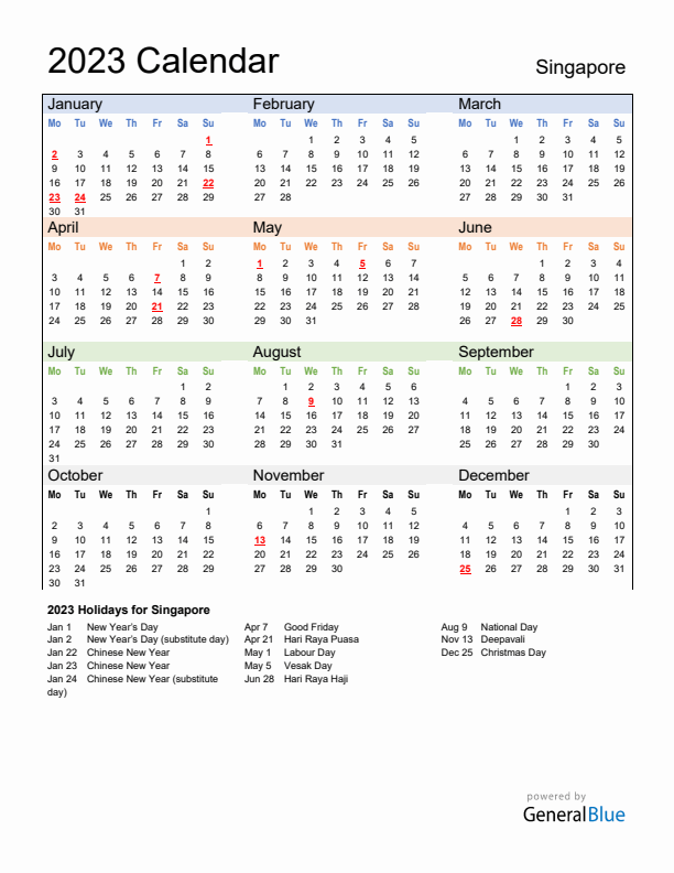 Calendar 2023 with Singapore Holidays