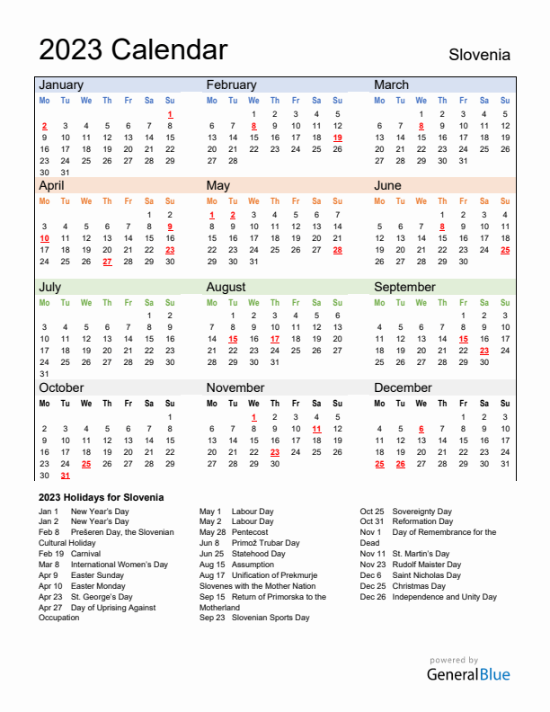 Calendar 2023 with Slovenia Holidays
