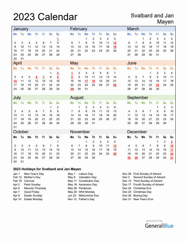 Calendar 2023 with Svalbard and Jan Mayen Holidays