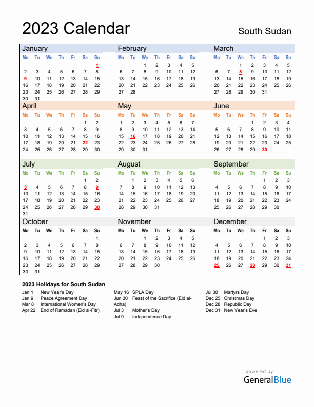 Calendar 2023 with South Sudan Holidays
