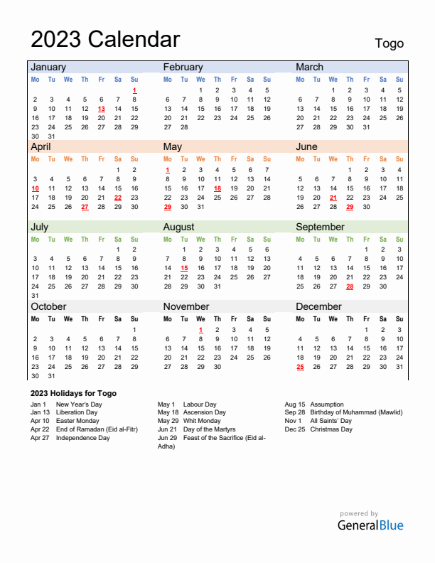 Annual Calendar 2023 with Togo Holidays