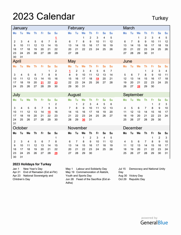 Calendar 2023 with Turkey Holidays