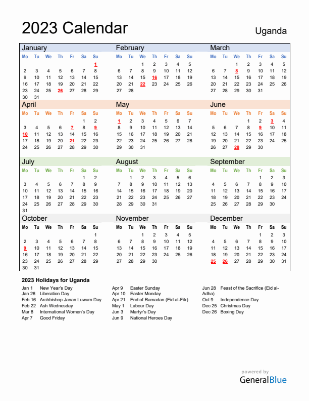 2023 Uganda Calendar With Holidays 8584