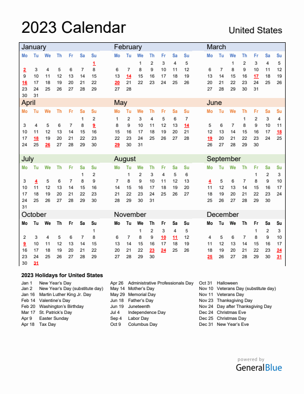 Calendar 2023 with United States Holidays