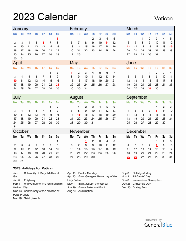 Calendar 2023 with Vatican Holidays