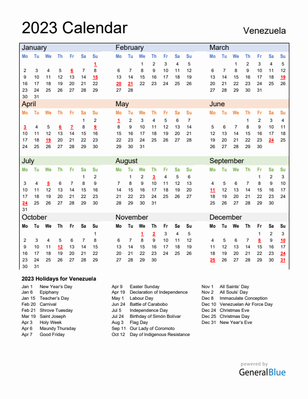 Calendar 2023 with Venezuela Holidays