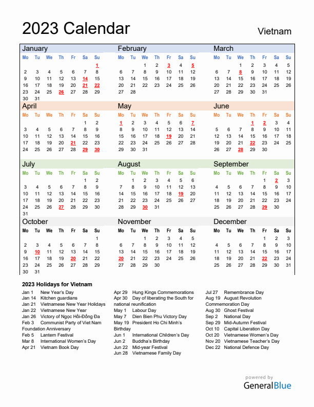 Calendar 2023 with Vietnam Holidays