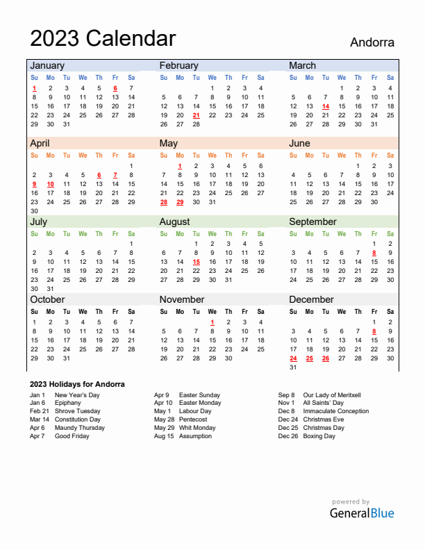 Calendar 2023 with Andorra Holidays