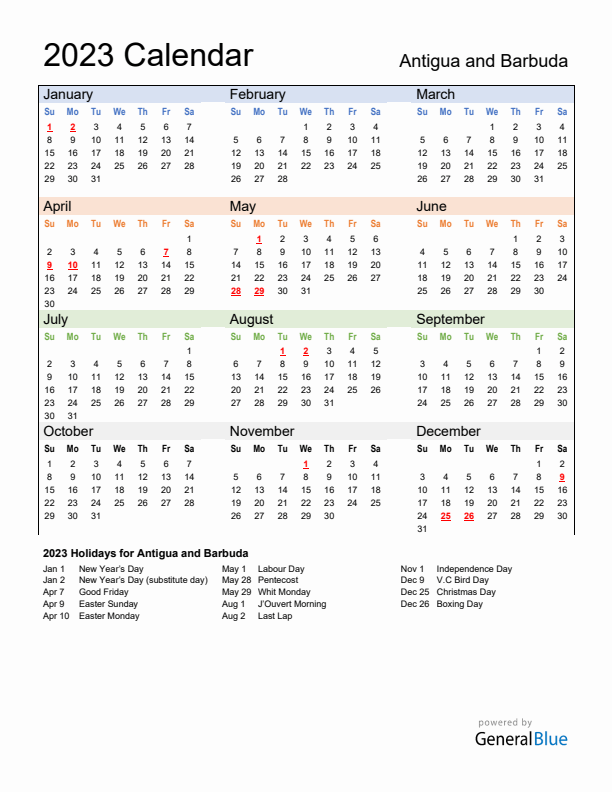 Calendar 2023 with Antigua and Barbuda Holidays