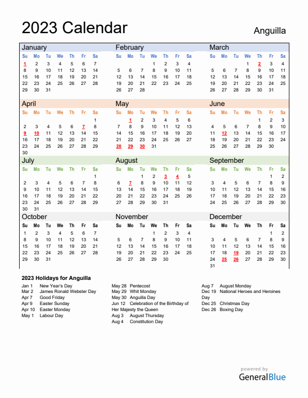 Calendar 2023 with Anguilla Holidays