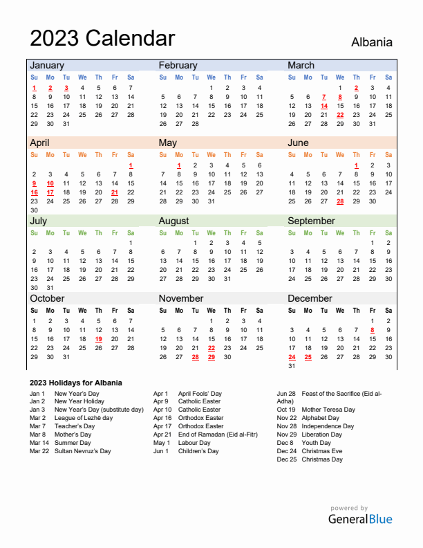 Calendar 2023 with Albania Holidays