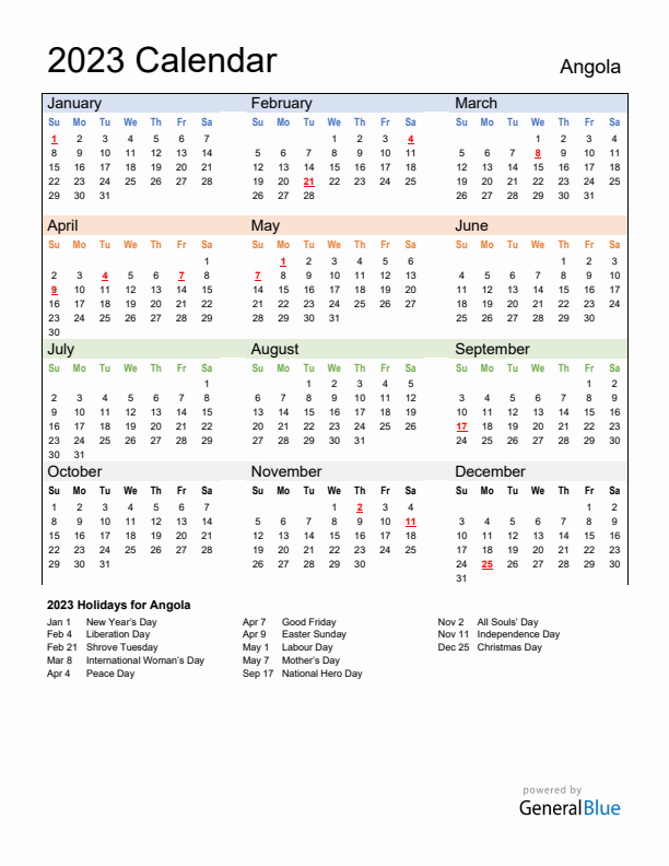 Calendar 2023 with Angola Holidays