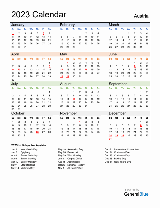 Calendar 2023 with Austria Holidays