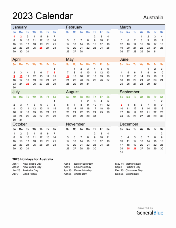 Calendar 2023 with Australia Holidays