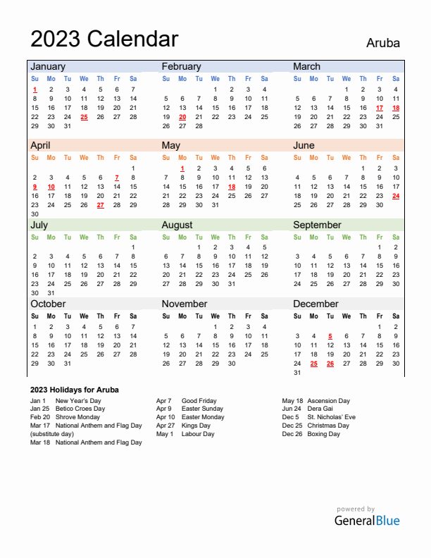 Calendar 2023 with Aruba Holidays