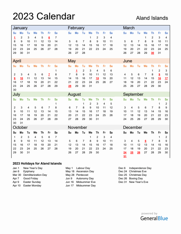 Calendar 2023 with Aland Islands Holidays
