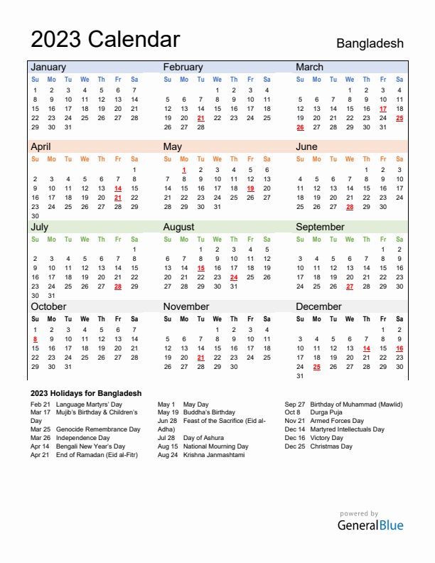Calendar 2023 with Bangladesh Holidays