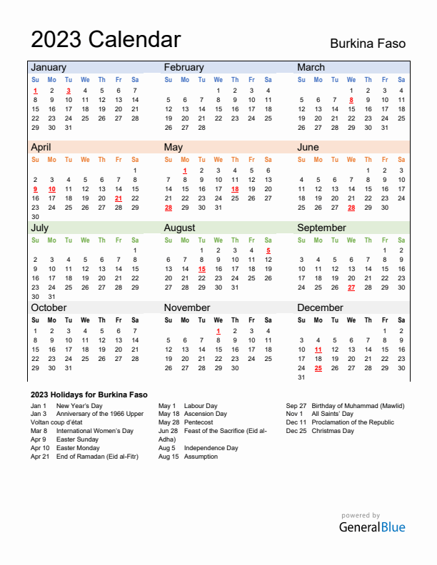 Calendar 2023 with Burkina Faso Holidays