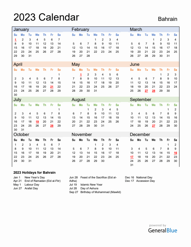 Calendar 2023 with Bahrain Holidays