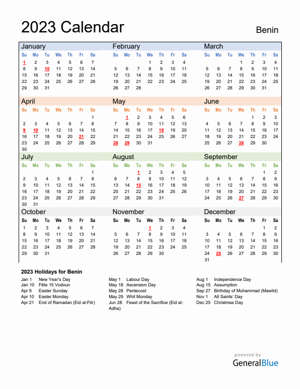 Calendar 2023 with Benin Holidays