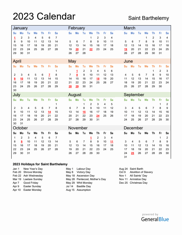 Calendar 2023 with Saint Barthelemy Holidays