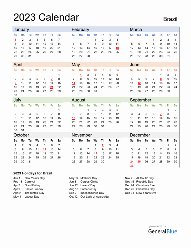 Calendar 2023 with Brazil Holidays