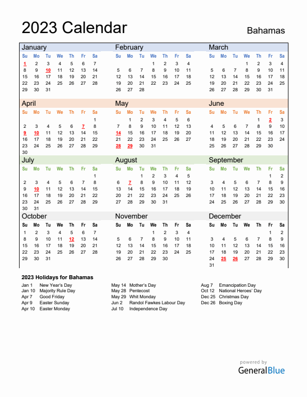 Calendar 2023 with Bahamas Holidays
