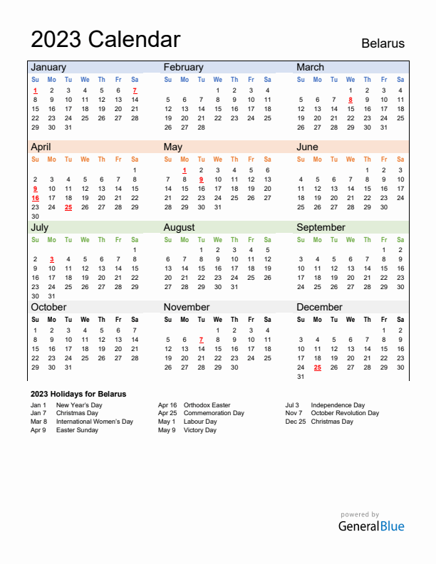 Calendar 2023 with Belarus Holidays