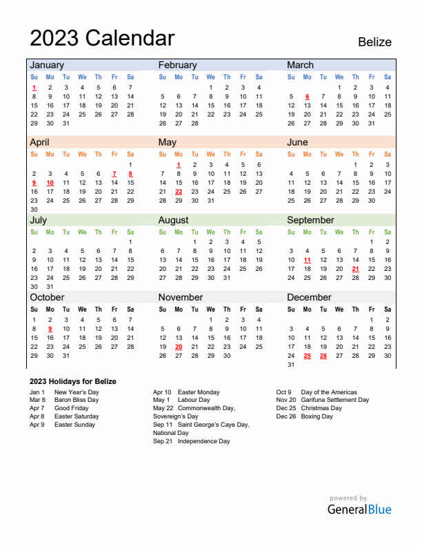 Calendar 2023 with Belize Holidays