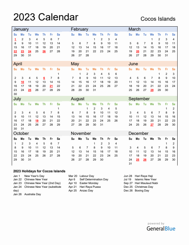 Calendar 2023 with Cocos Islands Holidays