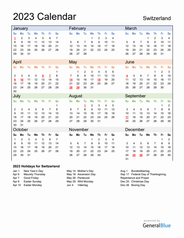 Calendar 2023 with Switzerland Holidays