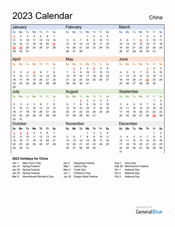 Calendar 2023 with China Holidays