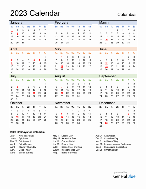 Calendar 2023 with Colombia Holidays