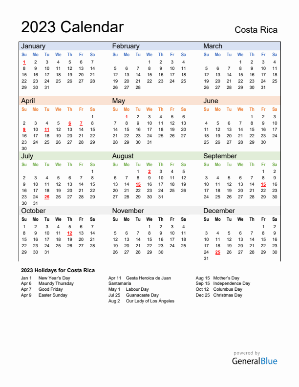 Calendar 2023 with Costa Rica Holidays
