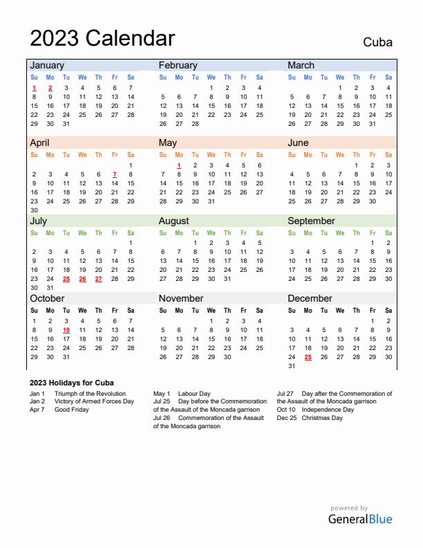 Calendar 2023 with Cuba Holidays